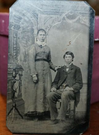 1860s - 70s Tin Type Photo Portrait Young Couple Woman Standing Seated Man