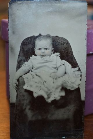 1860s - 70s Tin Type Photo Portrait Baby In Dress Seated In Chair