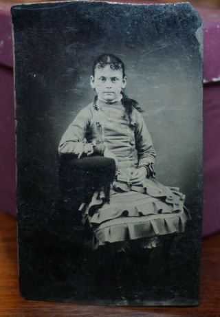 1860s - 70s Tin Type Photo Portrait Seated Girl Wearing Dress