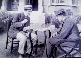 Reprint Of A Vintage Edwardian Glass Negative 2 Men Playing Chess Outside,  7x5 "