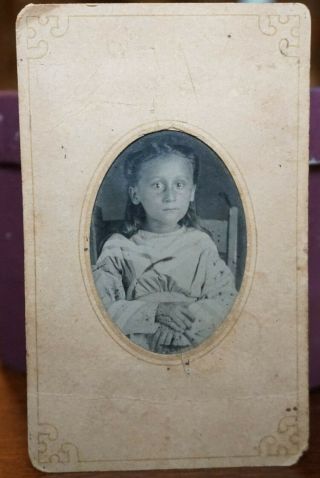 1860s - 70s Tin Type Photo Portrait Of Little Girl In Paper Frame