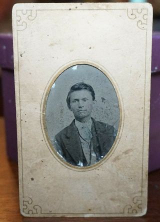 1860s - 70s Tin Type Photo Portrait Of Man In Paper Frame