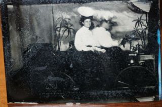 Victorian Tin Type Photo Group Of 2 Women On Old Car
