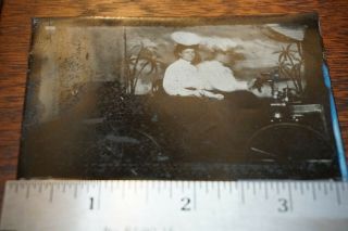 Victorian TIN TYPE PHOTO GROUP OF 2 WOMEN ON OLD CAR 2