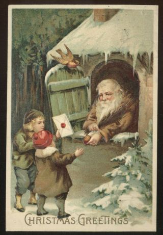 1911 Christmas Greetings Pc,  Children Giving A Letter To Santa Claus In Brown