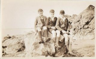 Old Vintage Photo Children Boy School Uniform Cap Humour Sat Rocks Beach Oc2
