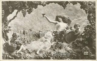 Art Nouveau Postcard - Autumn - Semi - Nude Beauty And Fairies