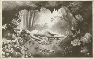 Art Nouveau Postcard - Spring - Semi - Nude Beauty And Fairies