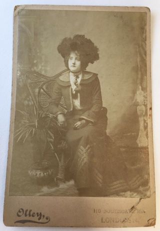 Cabinet Card Victorian Lady Portrait Photo Feather Hat Wistful Expression Olley