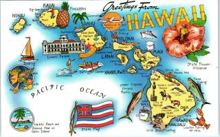 Hawaii Pictorial Map " Paradise Of The Pacific " C1960s Postcard