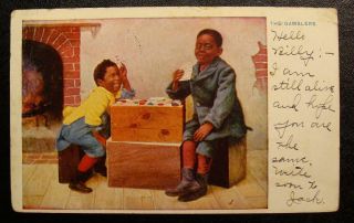 1907 Black American Postcard - " The Gamblers " Black Boys Playing Cards