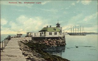 Portland Me Breakwater Lighthouse & 6 Masted Schooner Ship C1910 Postcard