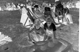 Old Negative.  Two Young Boys On Crowded Beach Making Sandcastles 2