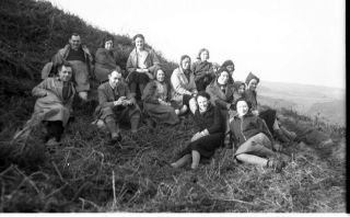 Old Negative.  Group Of Men & Women Hikers / Walkers Relax On A Grassy Hill.  C1930