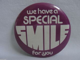 Pinback Button We Have A Special Smile For You 1980s Vintage Fun Purple White 1