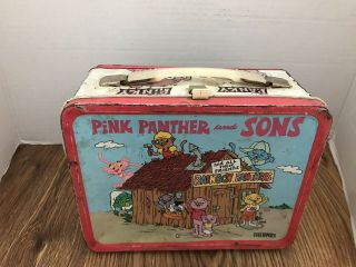 Vintage 1984 Thermos Brand Pink Panther And Sons Metal Lunchbox With Thermos