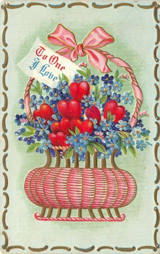 Valentine To One I Love Note In Heart & Forget - Me - Nots Basket Pink Ribbon Emboss