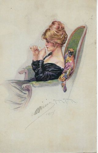 Vintage Art Nouveau Pc - Nude Woman With Cigarette - Signed - M.  Milliere