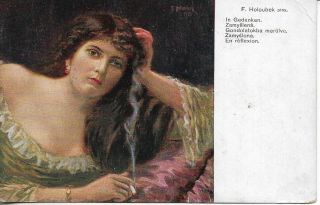 Vintage Art Nouveau Pc - Nude Woman With Cigarette - Signed - F.  Holoubek
