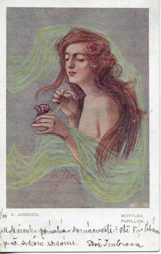 Vintage Art Nouveau Pc - Nude Woman With Papillon - Signed - K.  Jasnoch