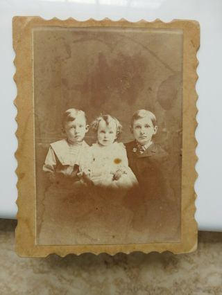 Small Antique Cabinet Card Photo 3 Sweet Children Brothers & Sister Siblings