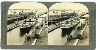 Panama Canal Freight Steamer Ship In Gatun Locks Stereoview 21784 19048 Fx