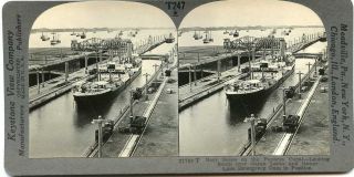 Panama Canal FREIGHT STEAMER IN GATUN LOCKS Ship Stereoview 21784 T247 2