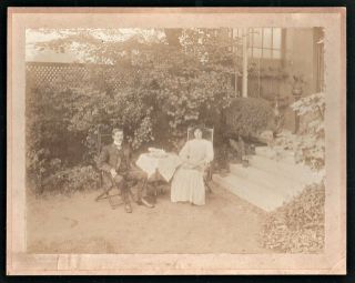 Vintage Picture Of A Victorian Couple In Garden,  9.  25 " X 7.  25 " Card Mounted