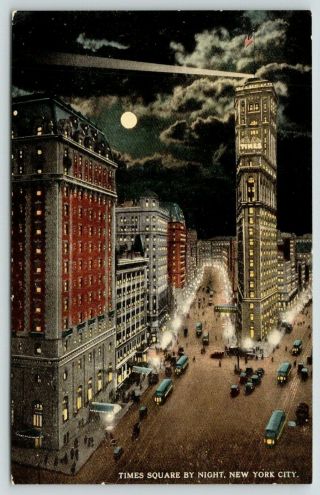 York City Times Square Building @ Night Search Light Full Moon C1910 Pc