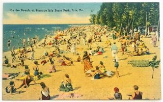 On The Beach,  At Presque Isle State Park,  Erie,  Pa - Linen Postcard