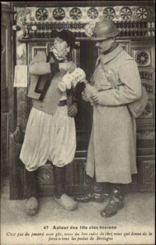 Wwi Breton Man Serving French Soldier Wearing Helmet C1915 Postcard