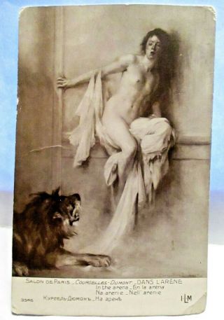 1910 French Risque Postcard Nude Woman In The Arena With Lion