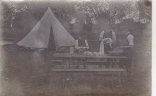 Old Photo People Fashion Men Camp Tent Washing Up 1910s W4