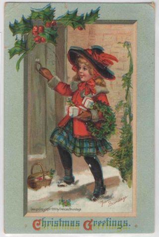 Antique Postcard Christmas Greetings Girl With Presents Knocking Embossed