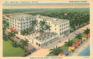 Miami Beach Florida Marine Terrace Hotel Vintage Art Deco Linen Postcard
