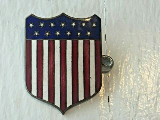 Antique United States Centennial Brass & Enamel 13 Star Flag Shield Pinback
