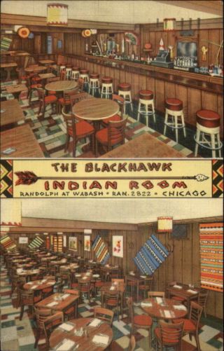 Chicago Il Blackhawk Indian Room Native Americana Linen Postcard