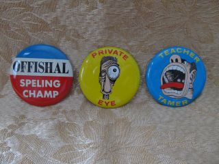 3 Pinback Buttons Vintage Japan Novelty Gag Gift Pin Back