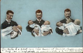 Father W/ Baby Twins Triplets Progression Facial Expression C1910 Postcard