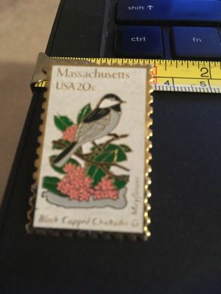 Vintage Pin; Massachusetts Usa 20 Cent Postage Stamp Black Capped Chickadee