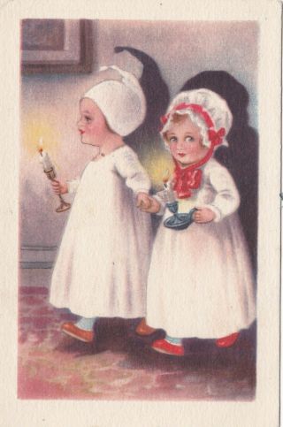 Two Little Ones In Their Nightgowns With Candles