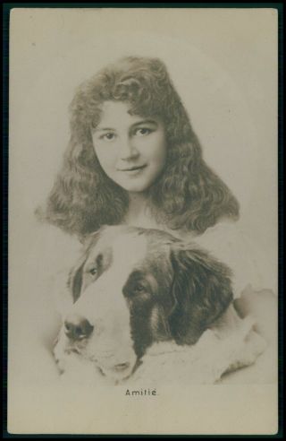 Child Girl With Saint Bernard Dog Old 1900s Photo Postcard
