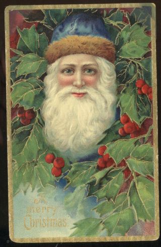 1908 Merry Christmas Pc,  Gentle Faced Santa Claus Wearing A Blue Cap