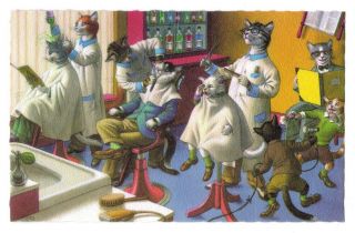 Mainzer Postcard Dressed Cats At The Barber Shop 4880 Scalloped Edges