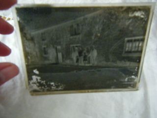 Antique Glass Photo Plate Negative,  Family People By House