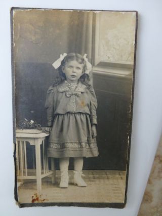Antique Cdv Photo Sweet Little Girl Two Hair Bows In Long Hair C1900