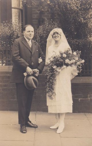 Old Vintage Photo Wedding Bride Dress Veil Bouquet Man Trilby Leeds F3