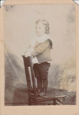 Cabinet Card Little Boy Standing On Chair Short Pants,  Sailor Jacket,  Ringlets