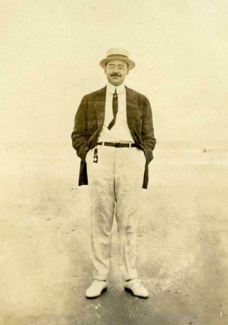 Kj20 Vtg Photo Man In Boater Hat,  Watch Fob,  On Beach Sand C Early 1900 