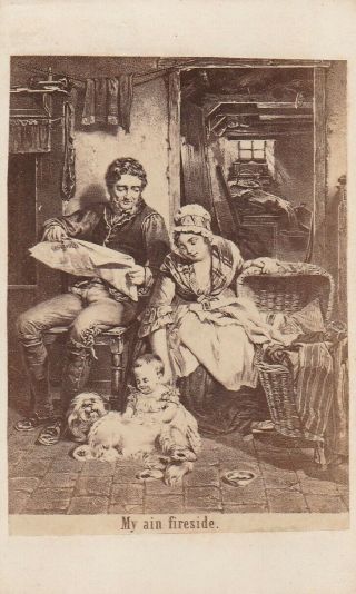 Cdv Album Filler Titled My Ain Fireside Couple With Baby,  Dog,  Next To Fireside